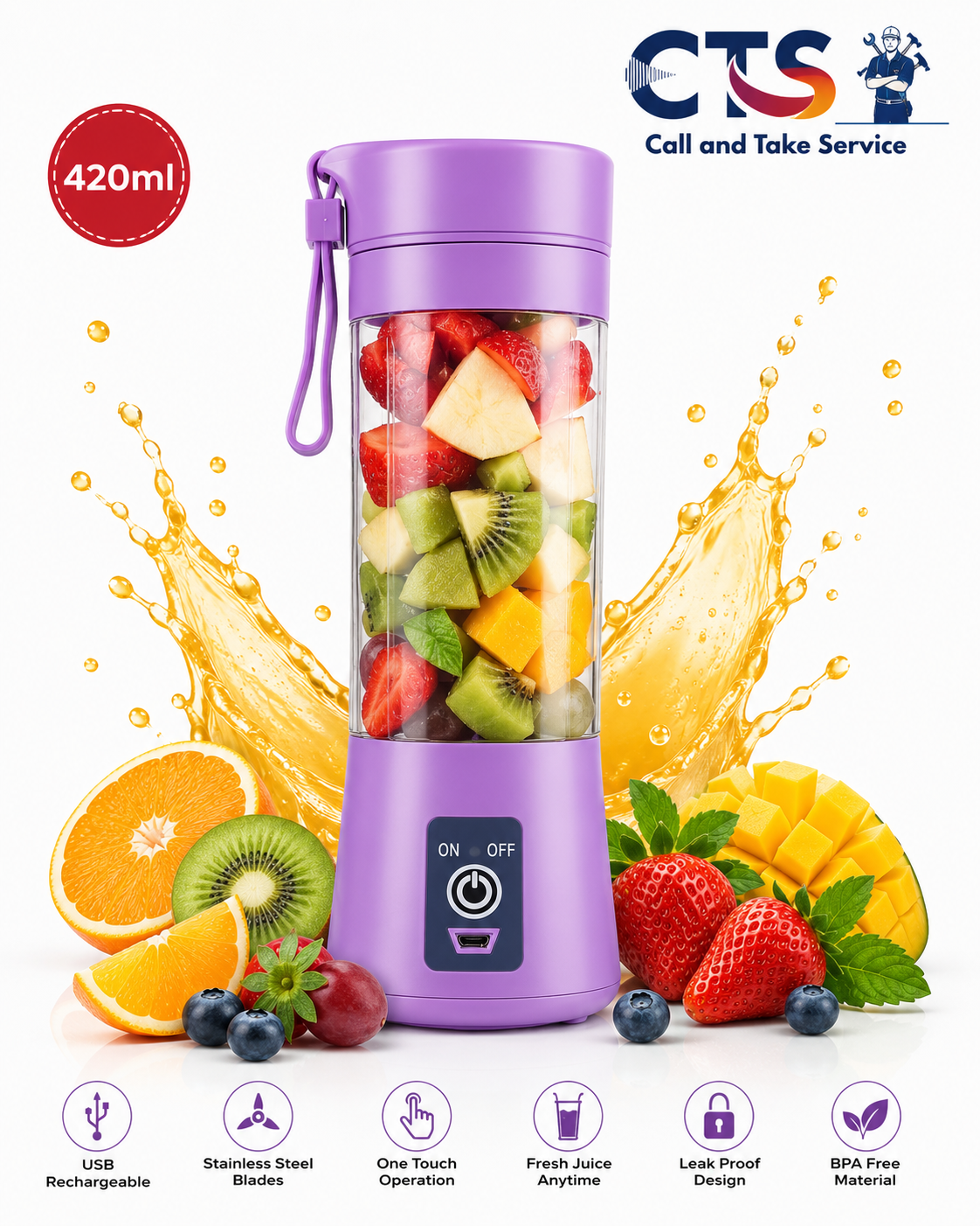 Portable USB Rechargeable Juicer Blender Bottle (420ml)