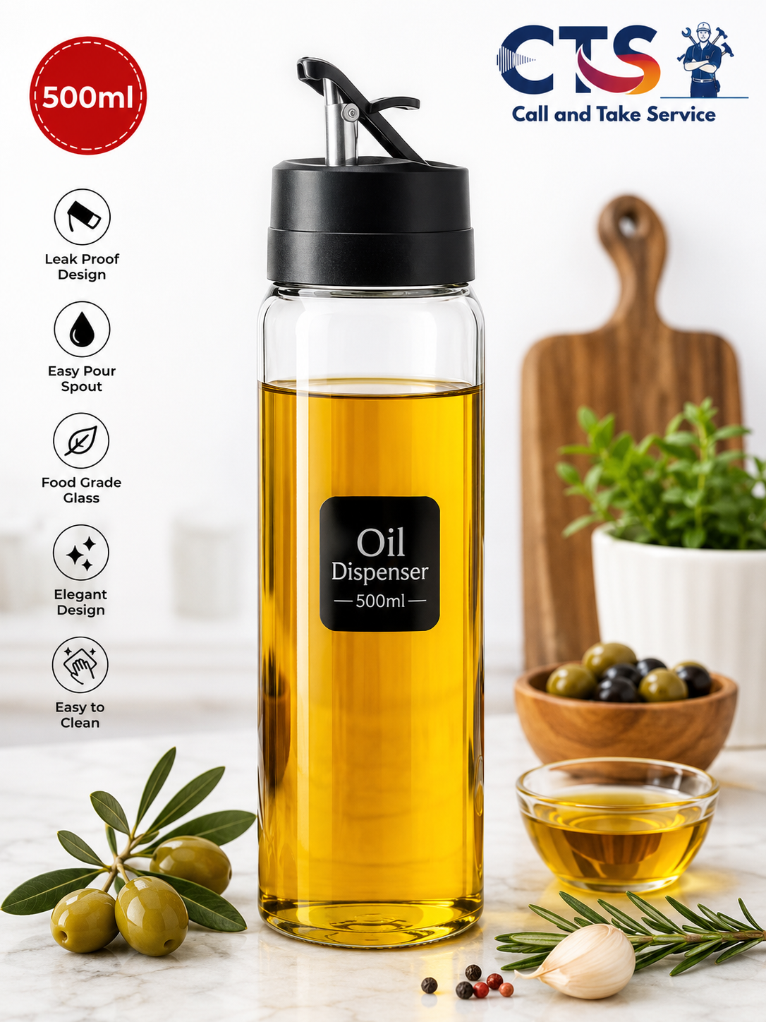 Premium Glass Oil Dispenser Bottle (500ml)